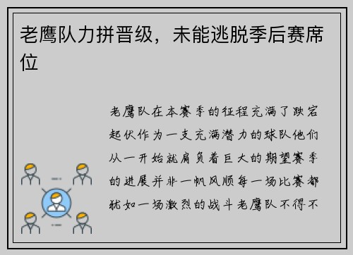 老鹰队力拼晋级，未能逃脱季后赛席位